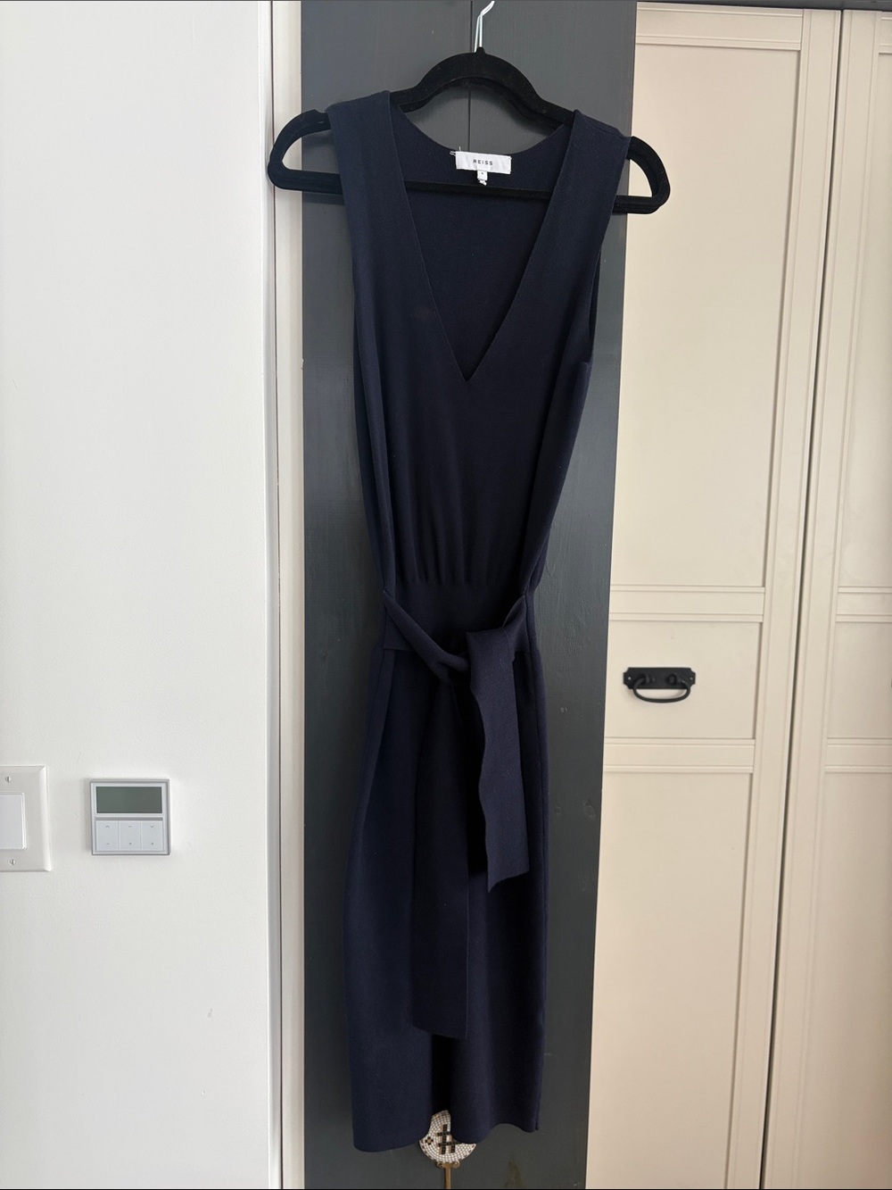Reiss Navy V-Neck Sleeveless Belted Midi Dress